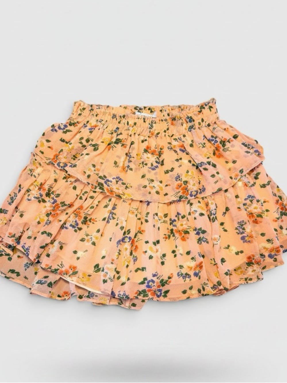 LoveShackFancy Pink Floral Ruffle Layered Mini Skirt Elastic Waist Size S